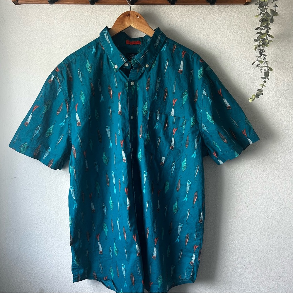 St. John's Bay Teal Casual Button Down Shirt with Fish Pattern